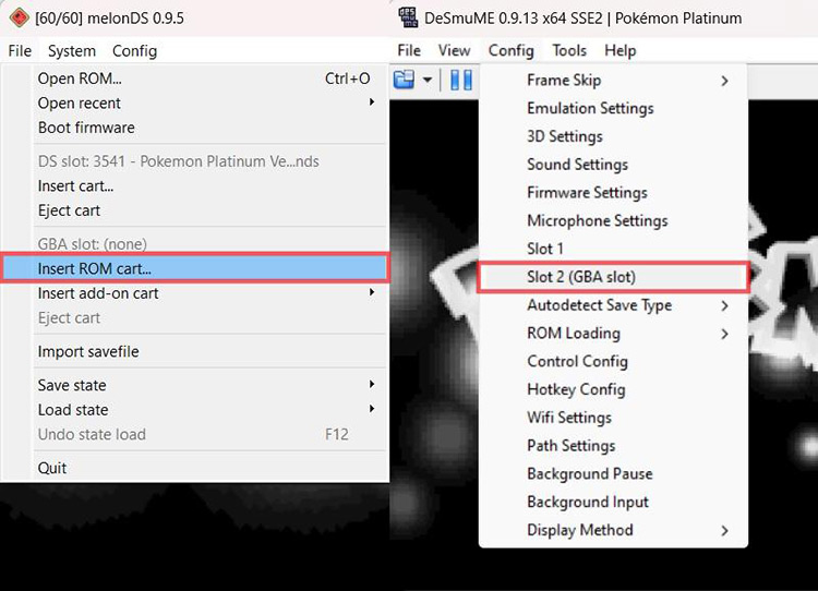Setting the GBA slots on both MelonDS and DeSmuME emulators. / Pokémon Platinum