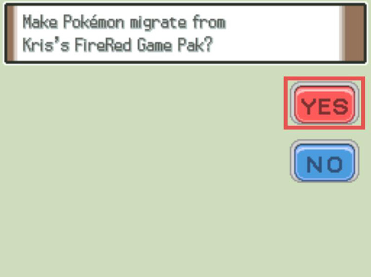 Selecting Yes to proceed with the migration. / Pokémon Platinum