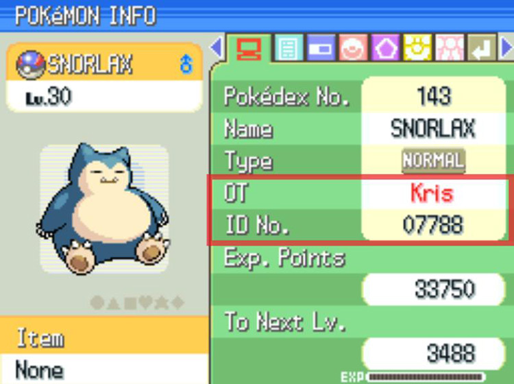 A recaptured Snorlax with the previous game’s OT and ID number. / Pokémon Platinum