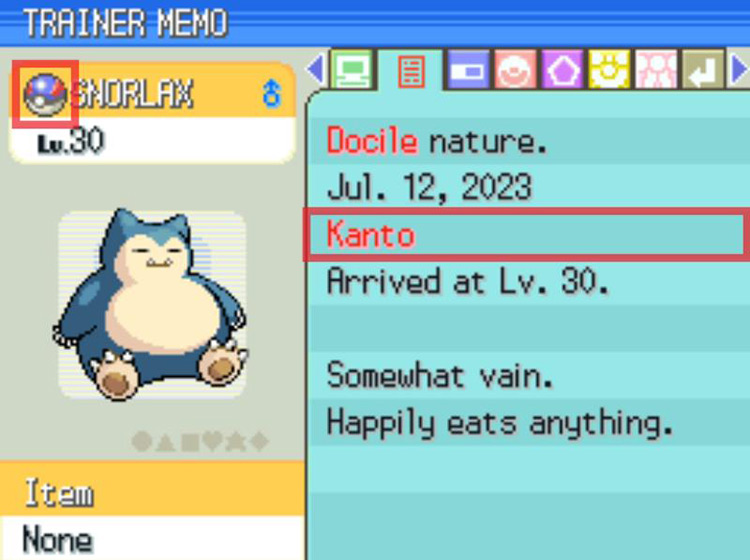 Snorlax showing the region and Poké Ball information from Pokémon FireRed. / Pokémon Platinum