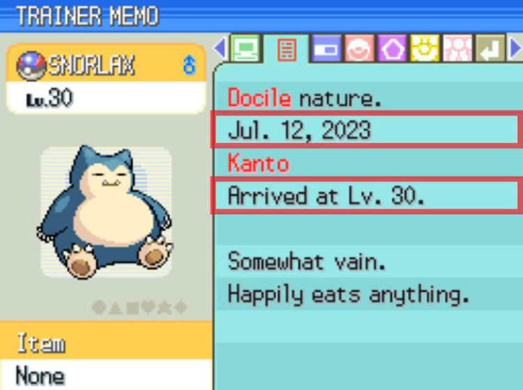 Changes to Snorlax’s summary info. / Pokémon Platinum