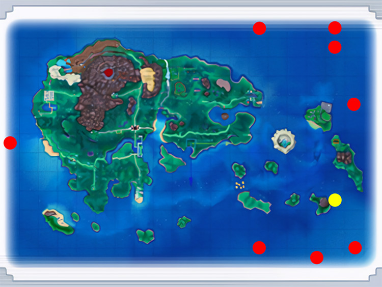 Crescent Isle (Yellow) and every Mirage Mountain (Red) / Pokémon Omega Ruby and Alpha Sapphire