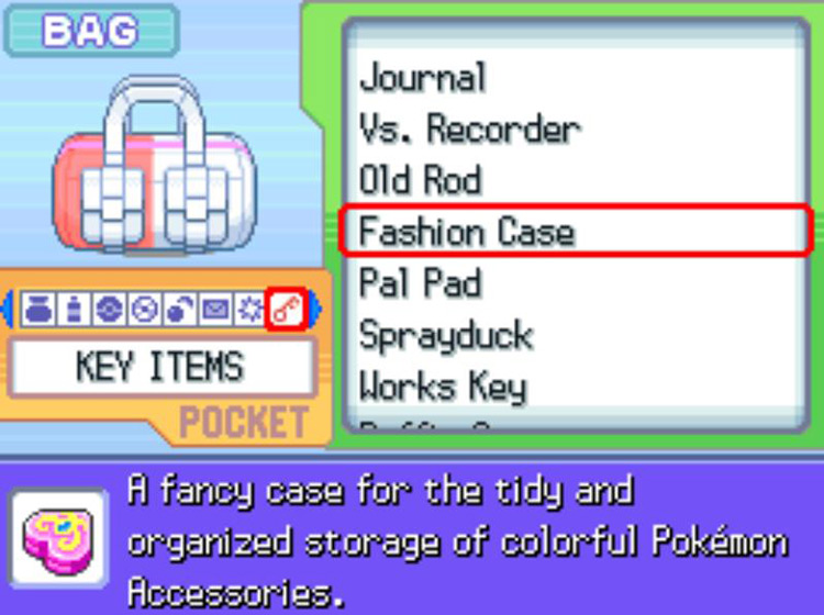 The in-game description of the Fashion Case / Pokémon Platinum