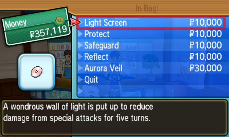 Selecting Light Screen from the TM Shop’s menu / Pokémon USUM