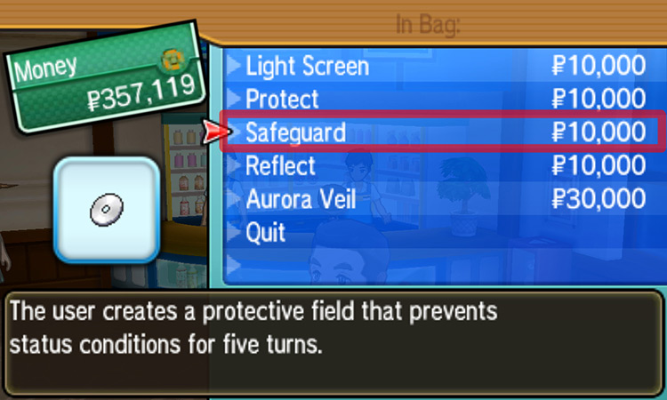 Selecting Safeguard from the menu / Pokémon Ultra Sun and Ultra Moon
