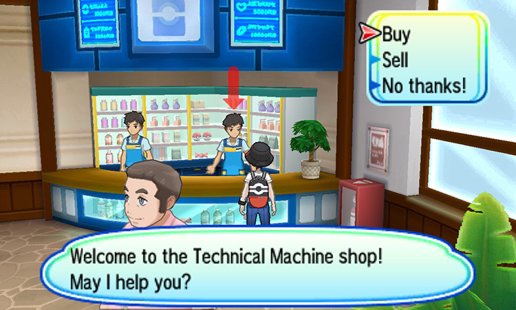 Talking to the clerk on the right side of the counter / Pokémon USUM
