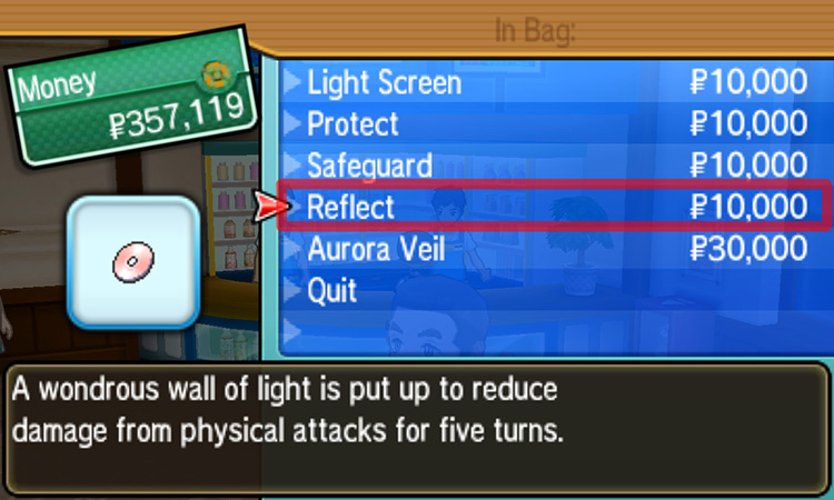 Selecting Reflect from the Technical Machine shop’s menu / Pokémon USUM