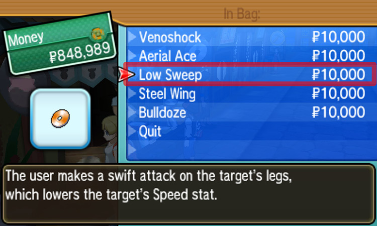 Selecting Low Sweep from the TM Shop’s menu / Pokémon USUM