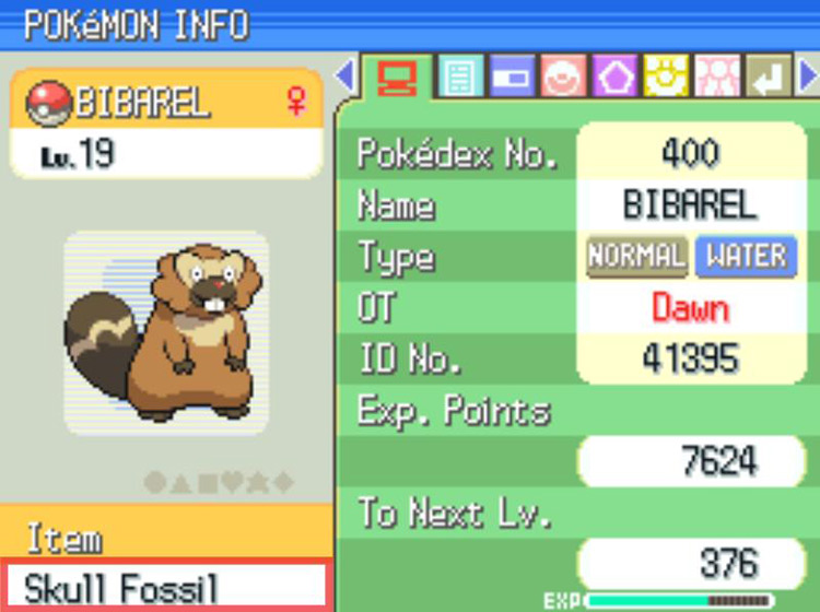 Having Bibarel hold a Skull Fossil for trading purposes. / Pokémon Platinum