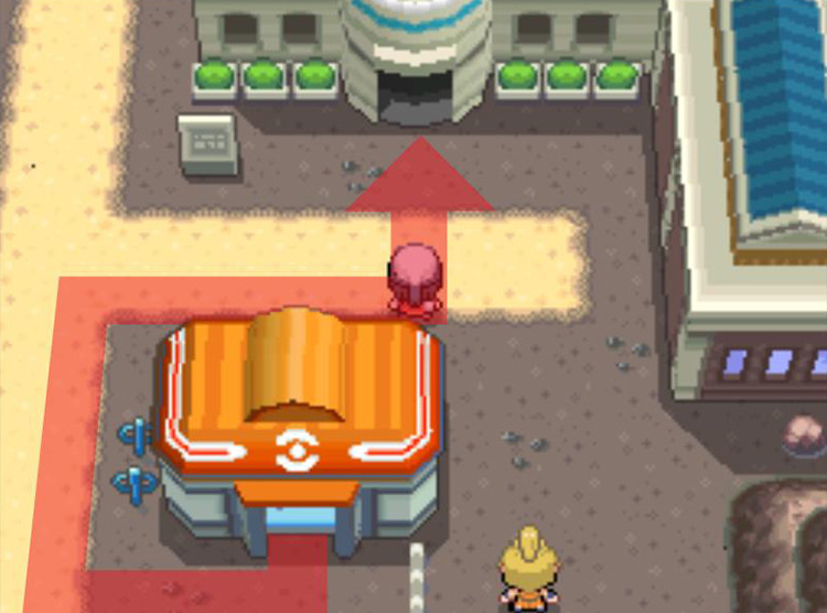 Entering the Mining Museum to the north of Oreburgh City’s Pokémon Center. / Pokémon Platinum