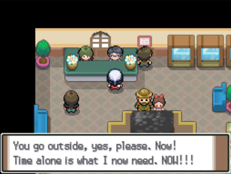 Being shouted at to exit the Mining Museum. / Pokémon Platinum
