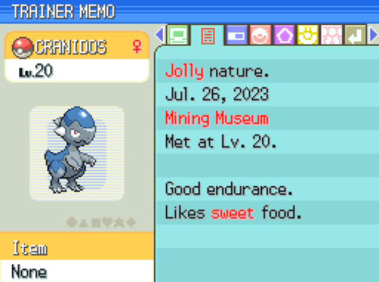 The Cranidos’s Summary page with the Mining Museum listed as the Met location. / Pokémon Platinum