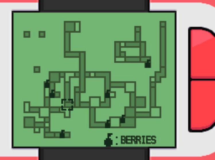 The Berry Searcher app screen showing seven plots containing ripe Berries / Pokémon Platinum