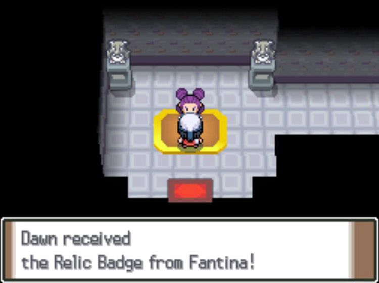 Receiving the Relic Badge after defeating Leader Fantina in battle / Pokémon Platinum