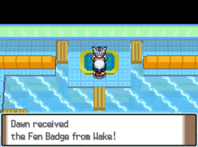 Receiving the Fen Badge after defeating Crasher Wake in battle / Pokémon Platinum