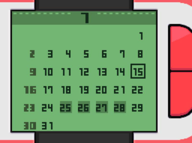 The Calendar app with four July dates marked as a reminder / Pokémon Platinum