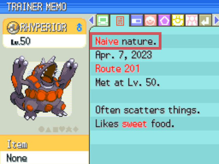 A Rhyperior with a Naive nature / Pokémon Platinum