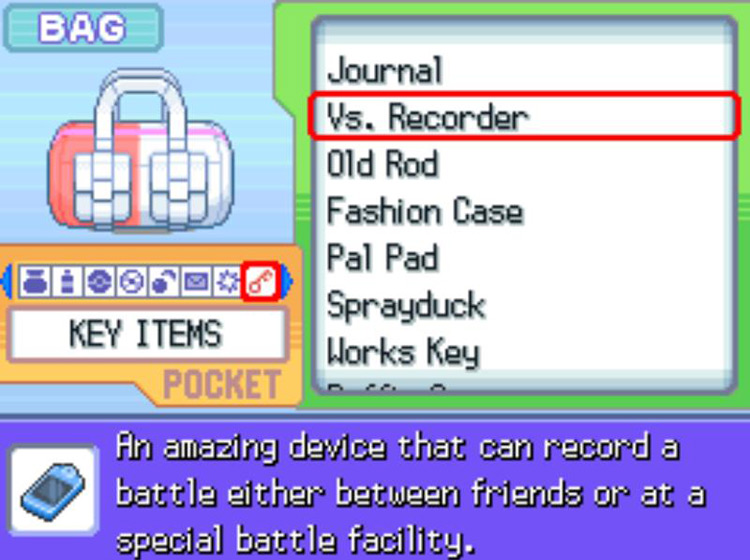 The in-game description of the Vs. Recorder / Pokémon Platinum