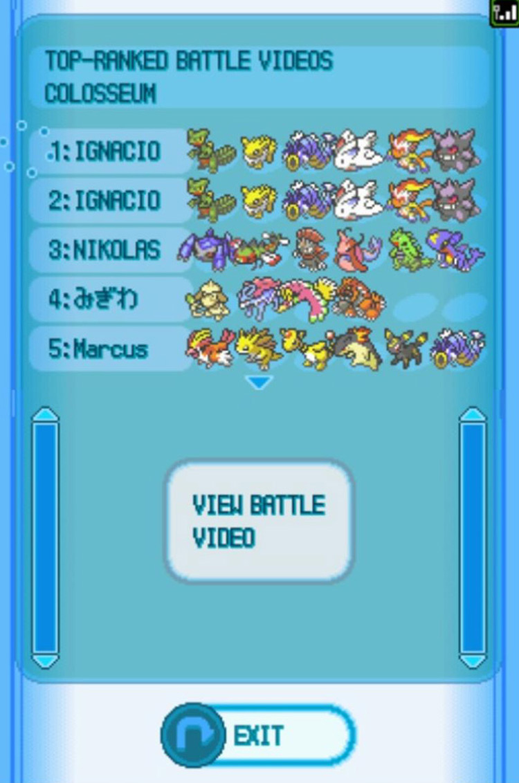Scrolling through the top-ranking Vs. Recorder videos / Pokémon Platinum