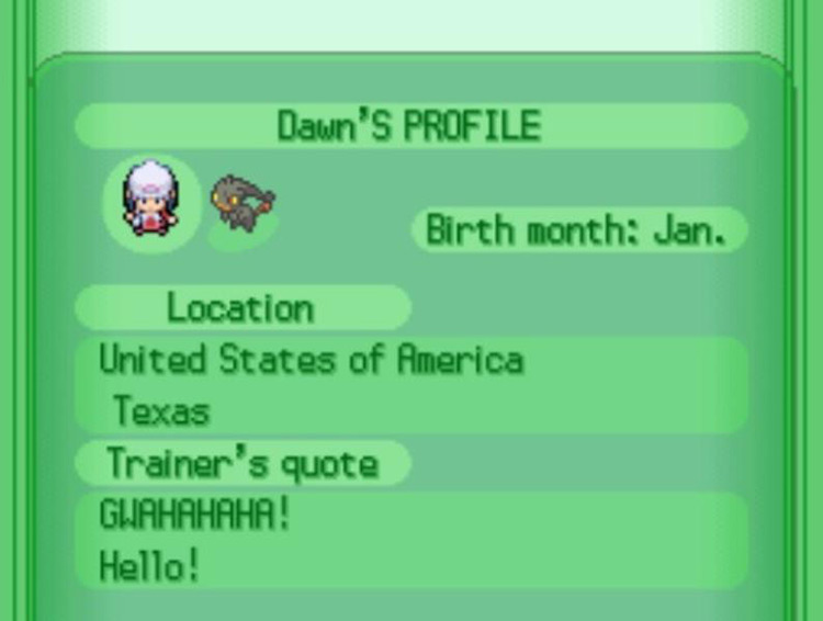 An example of a trainer profile / Pokémon Platinum