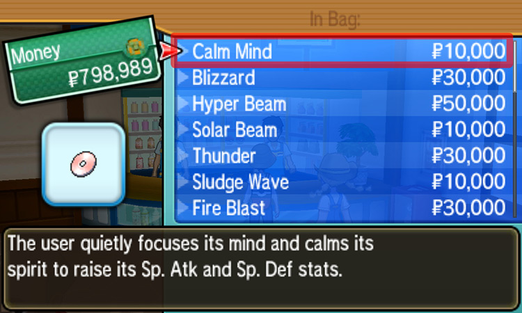Selecting Calm Mind from the TM Shop’s menu / Pokémon USUM
