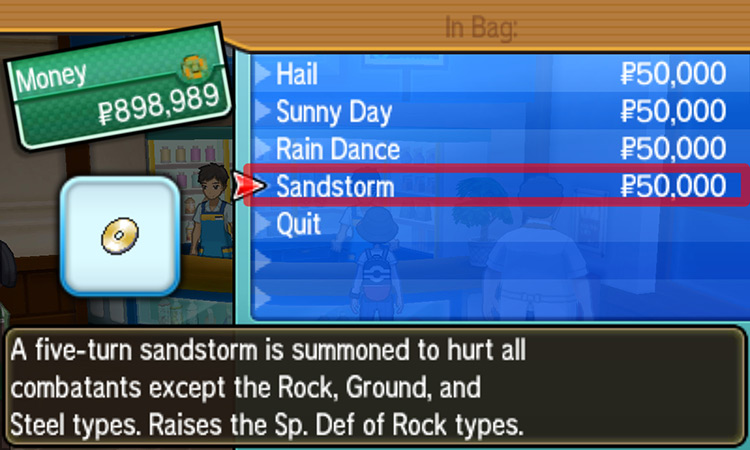 Selecting Sandstorm from the TM Shop’s menu / Pokémon USUM