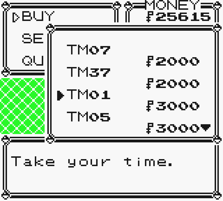 Selecting TM01 Mega Punch from the purchasable TM List / Pokémon Yellow