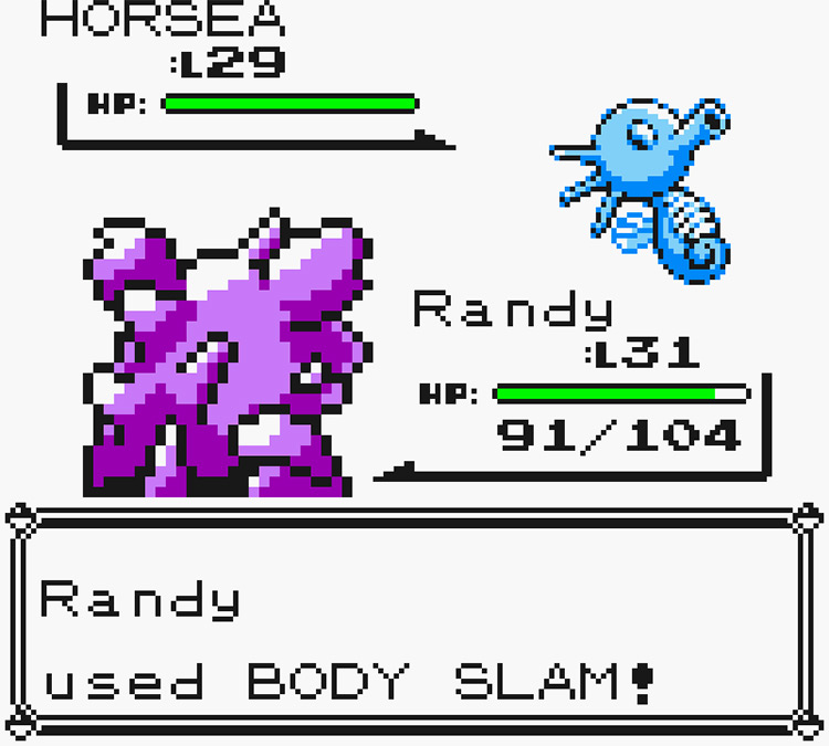 Nidoking using Body Slam against a wild Horsea / Pokémon Yellow