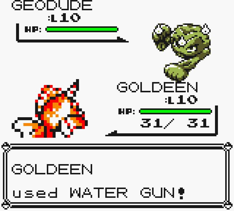 Goldeen using Water Gun against a wild Geodude / Pokémon Yellow