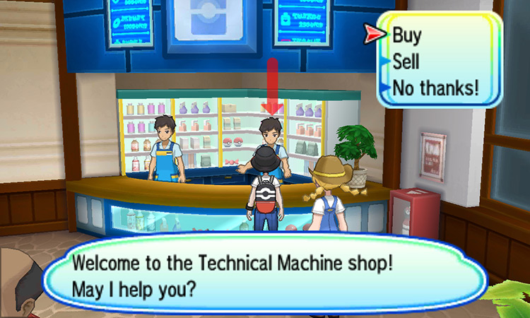 Talking to the clerk on the right side of the counter / Pokémon USUM