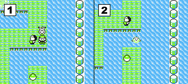 Standing across from the platform where TM16 Pay Day is (Left) Surfing on a Pokémon to reach the platform. (Right) / Pokémon Yellow