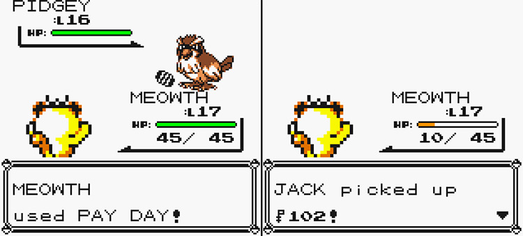Meowth using Pay Day against a wild Pidgey. (Left) Money being collected at the end of the battle (Right) / Pokémon Yellow