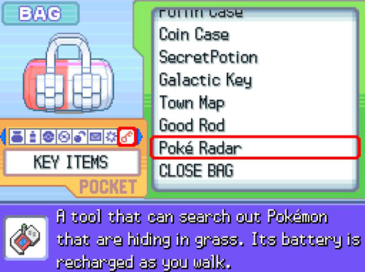 The in-game description of the Poké Radar / Pokémon Platinum