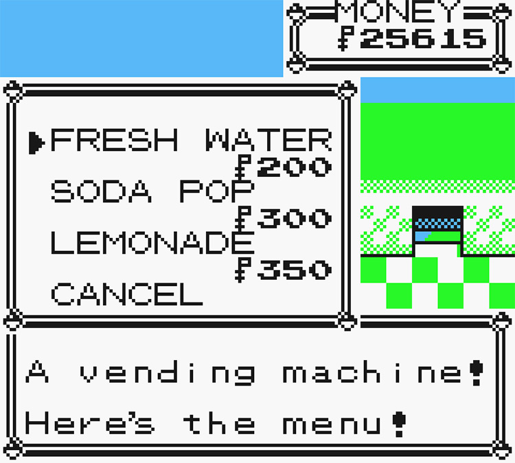 Selecting Fresh Water from the vending machine’s purchasable drink list / Pokémon Yellow