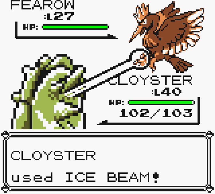 Cloyster using Ice Beam against a wild Fearow / Pokémon Yellow