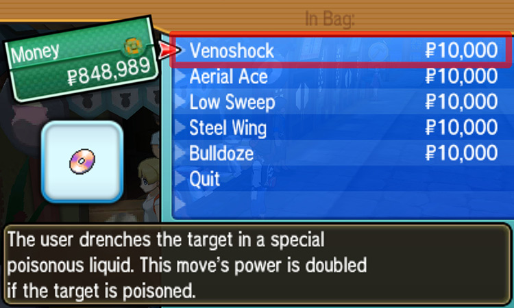 Selecting Venoshock from the TM Shop’s menu / Pokémon Ultra Sun and Ultra Moon