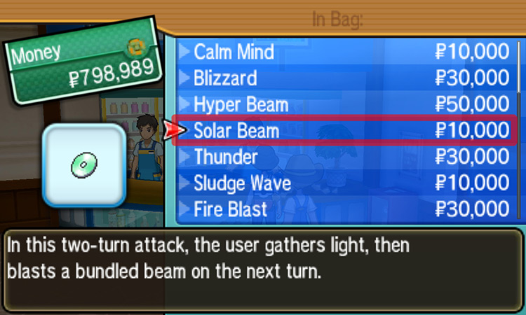 Selecting Solar Beam from the shop’s menu / Pokémon USUM