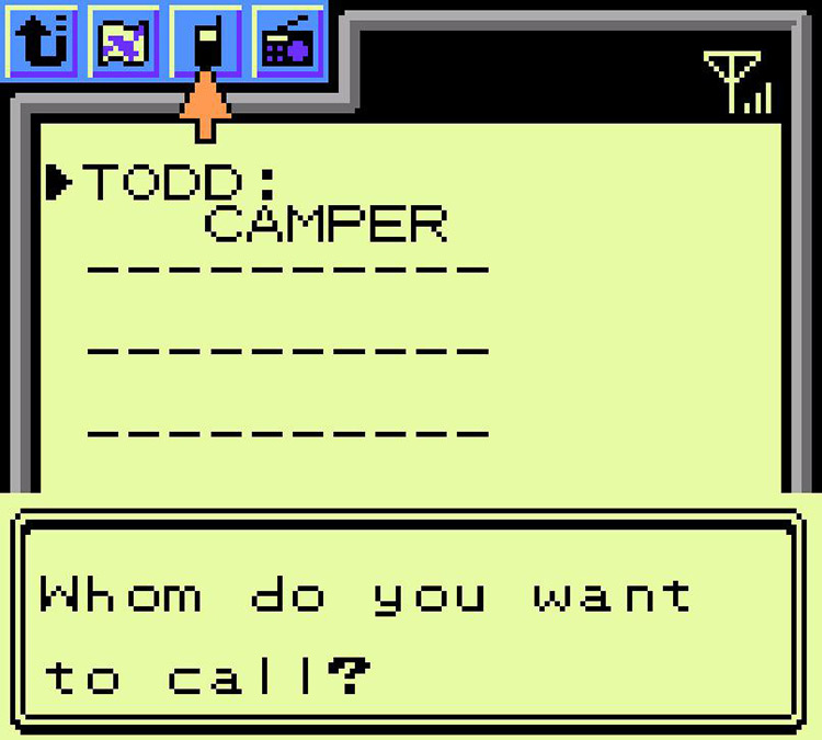 PokéGear phone book with only Camper Todd’s number. / Pokémon Crystal