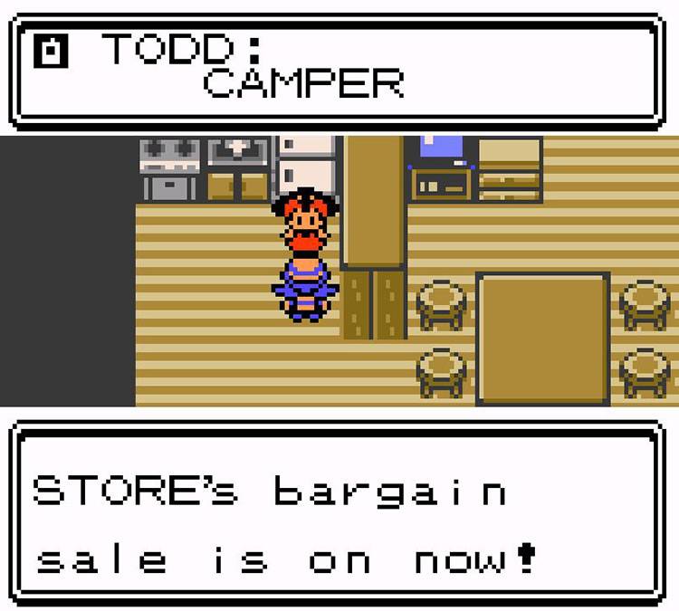 Camper Todd alerts you of a Rooftop Sale by phone call. / Pokémon Crystal