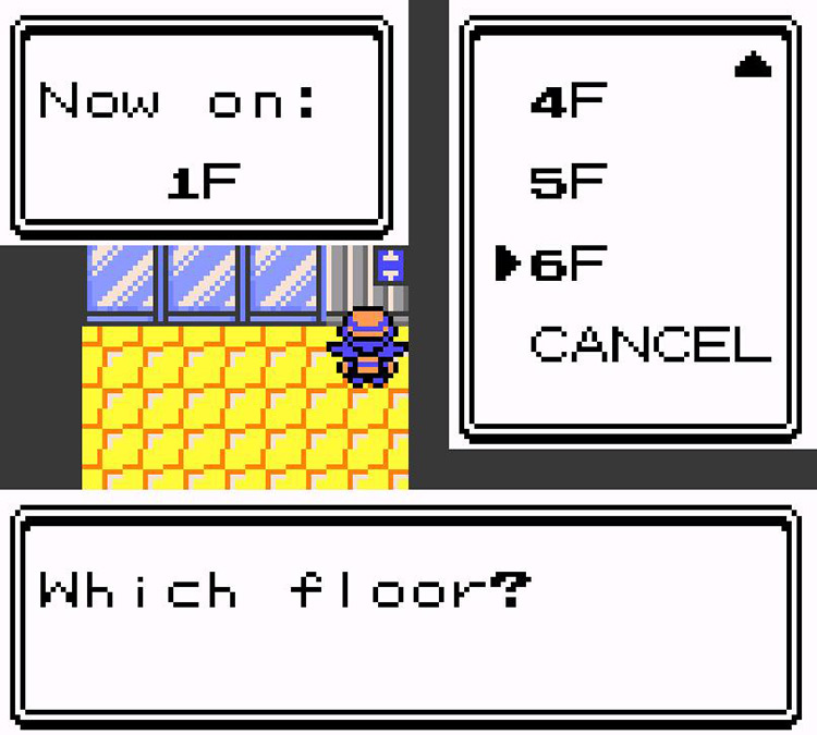Choosing the top floor in the elevator. / Pokémon Crystal