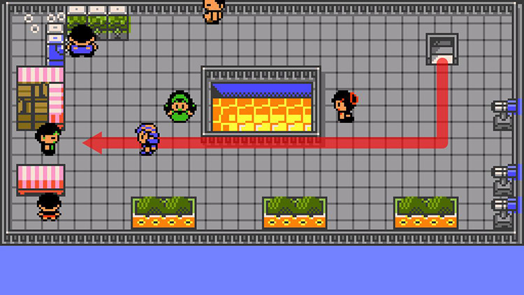 Crossing the Rooftop Lookout (7F) toward the bargain salesman. / Pokémon Crystal