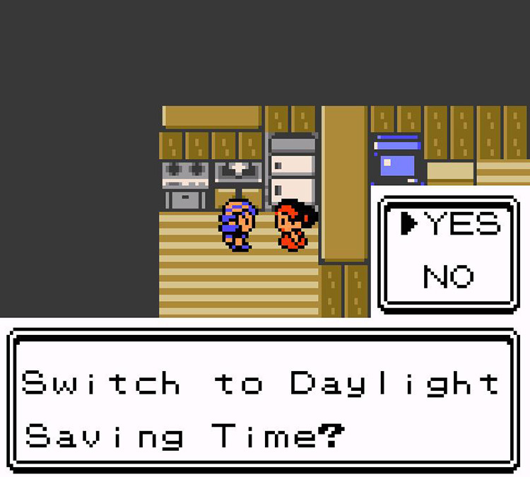 Changing to DST at Mom’s in New Bark Town. / Pokémon Crystal