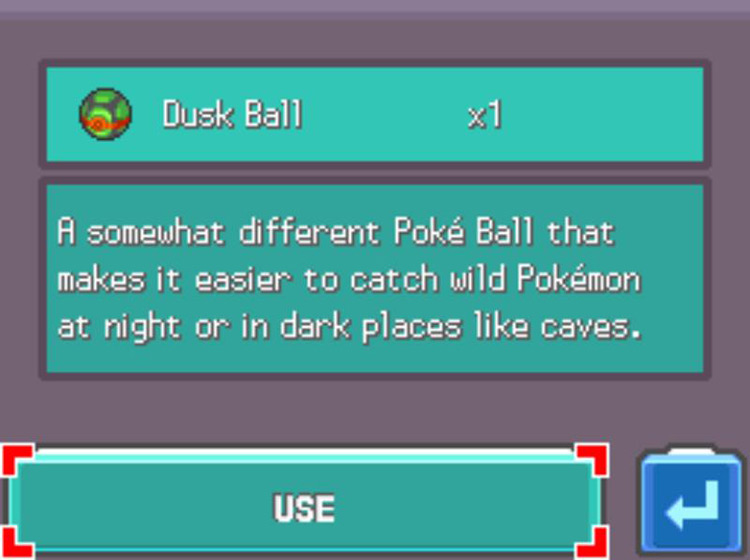 The in-game description of the Dusk Ball / Pokémon Platinum