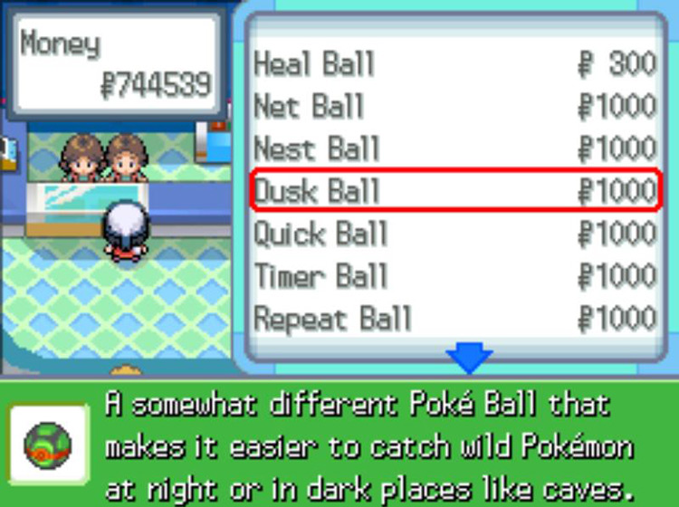 Purchasing Dusk Balls in the Pokémon League Poké Mart / Pokémon Platinum