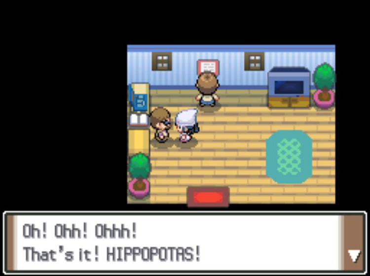 The reporter becoming overjoyed at being shown a Hippopotas / Pokémon Platinum