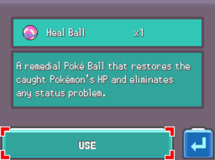 The in-game description of the Heal Ball / Pokémon Platinum