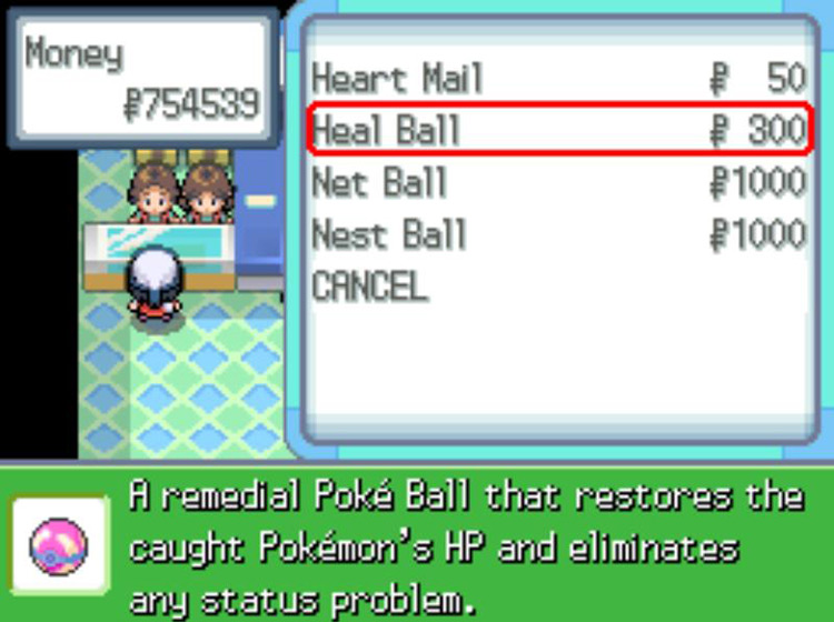 Purchasing Heal Balls in the Oreburgh City Poké Mart / Pokémon Platinum