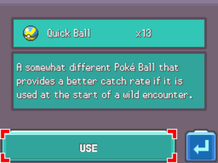 The in-game description of the Quick Ball / Pokémon Platinum
