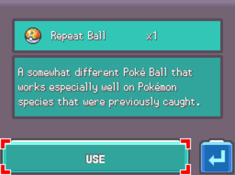 The in-game description of the Repeat Ball / Pokémon Platinum