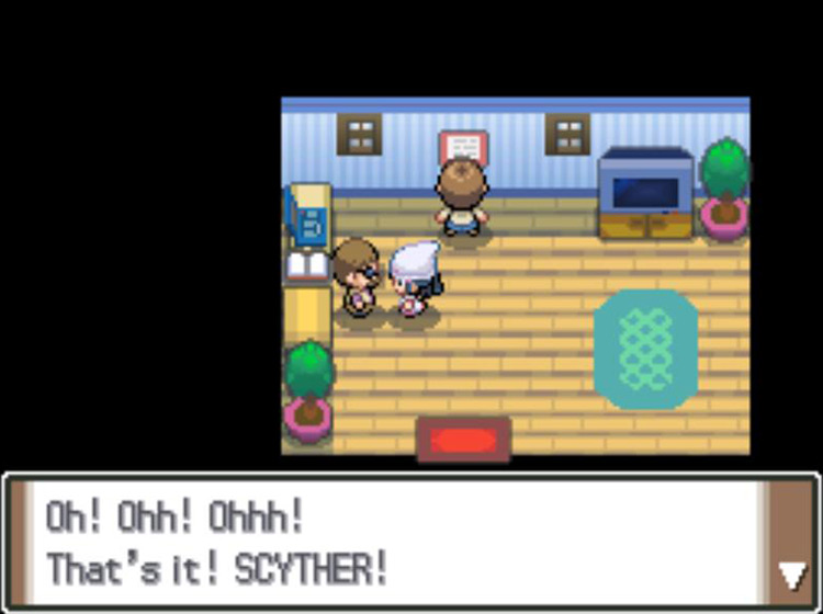 The reporter becoming excited at seeing the Scyther he requested / Pokémon Platinum